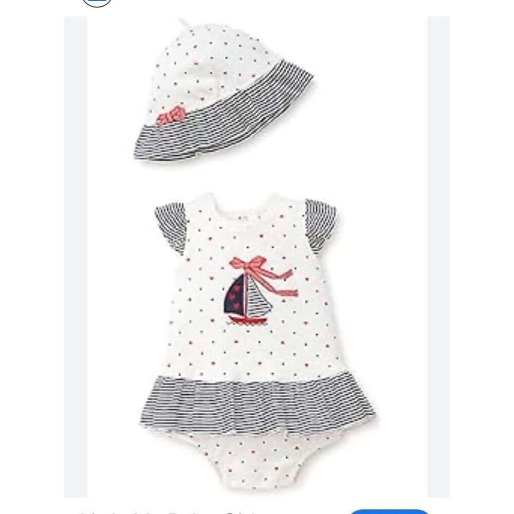 Little Me Navy & Red Nautical Sailboat Baby Dress Bodysuit with matching hat NWT